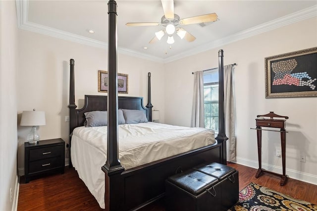 bedroom featuring crown molding, ceiling fan, and dark hardwood / wood-style floors