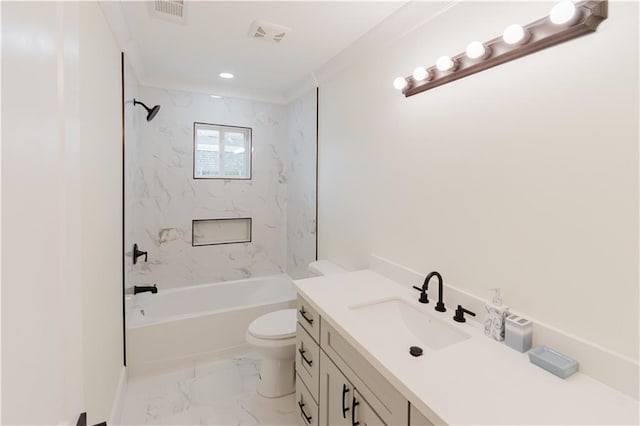 full bathroom with tiled shower / bath, vanity, toilet, and ornamental molding