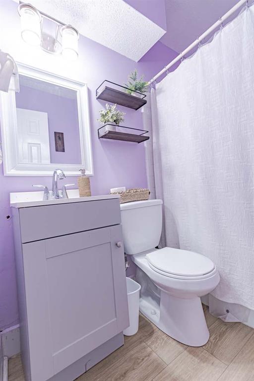 bathroom with hardwood / wood-style flooring, vanity, toilet, and a textured ceiling