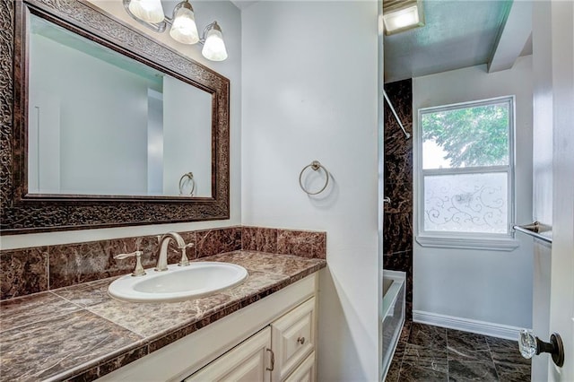 bathroom with vanity and shower / bathing tub combination