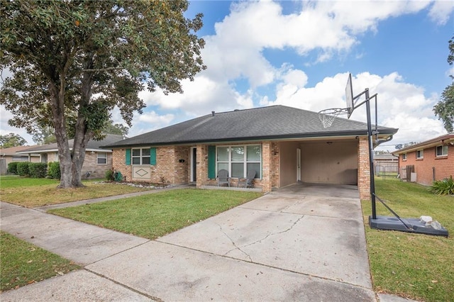 single story home featuring a carport and a front lawn