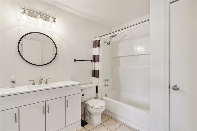 full bath with toilet, tile patterned flooring, shower / bath combo with shower curtain, and vanity