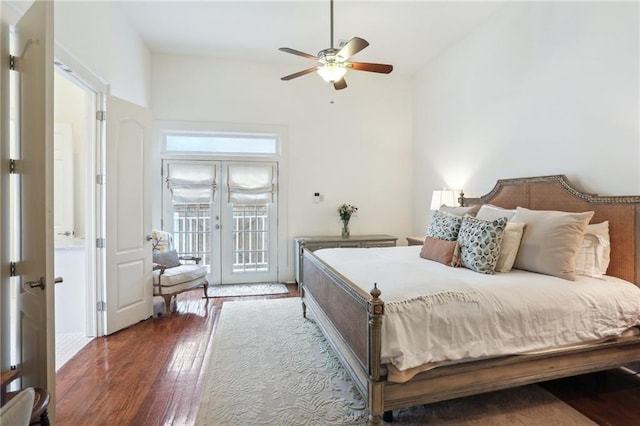 bedroom with ceiling fan, access to outside, dark hardwood / wood-style flooring, and french doors