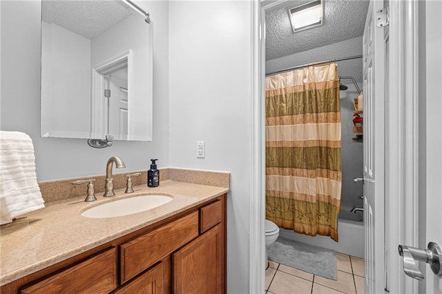 bathroom featuring shower / bathtub combination with curtain, toilet, a textured ceiling, vanity, and tile patterned flooring