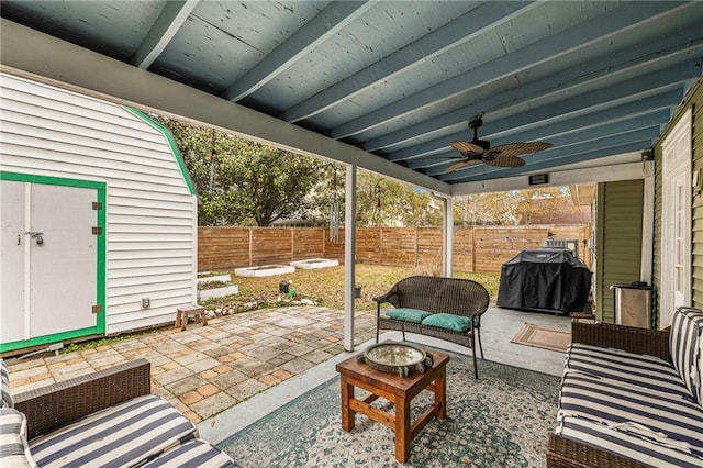 view of patio / terrace with ceiling fan, outdoor lounge area, a fenced backyard, and grilling area