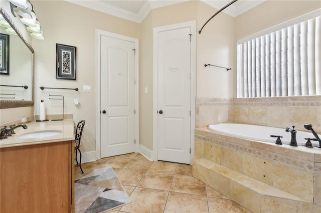 bathroom with crown molding, tile patterned floors, vanity, and tiled bath