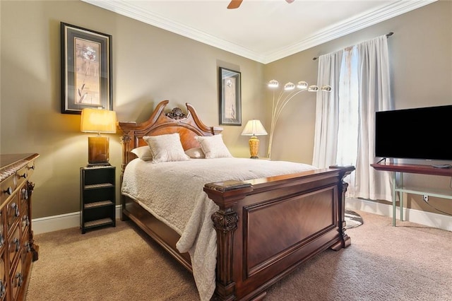 bedroom featuring ceiling fan, ornamental molding, and light carpet