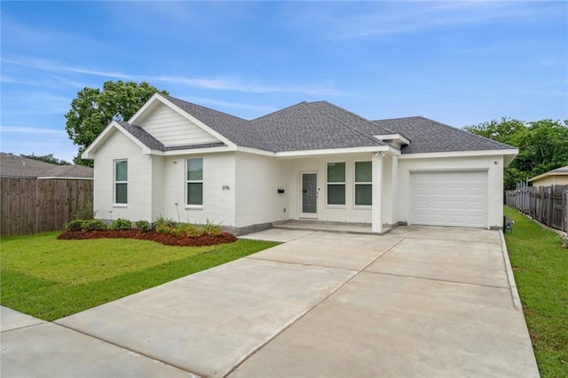 ranch-style house featuring a front lawn, driveway, fence, an attached garage, and a shingled roof