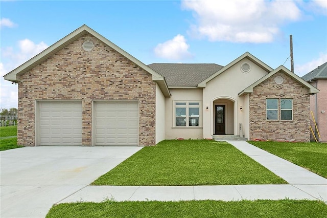 view of front of house with a garage and a front lawn