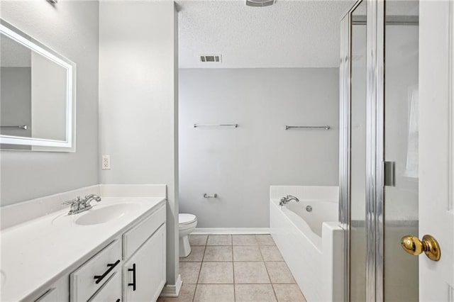 bathroom with visible vents, toilet, tile patterned flooring, a textured ceiling, and vanity