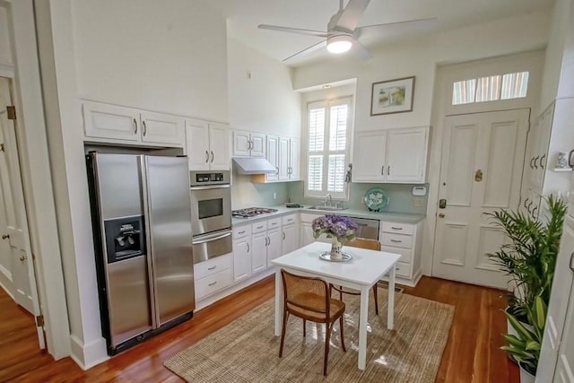 kitchen featuring sink, hardwood / wood-style flooring, stainless steel appliances, and white cabinets