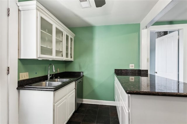 kitchen featuring sink, white cabinetry, stainless steel dishwasher, kitchen peninsula, and dark tile patterned floors