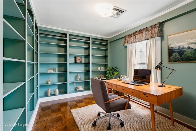 office featuring dark parquet flooring