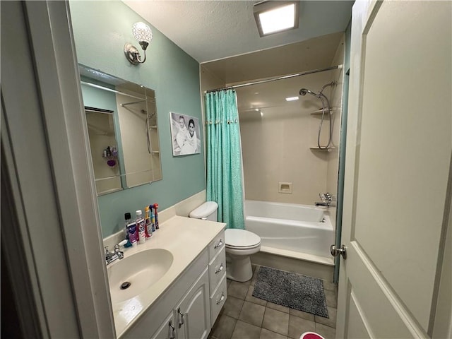 full bathroom with shower / bathtub combination with curtain, vanity, a textured ceiling, tile patterned floors, and toilet