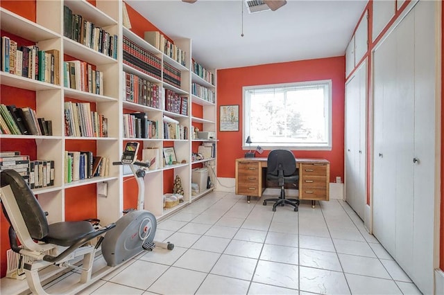 tiled office with ceiling fan