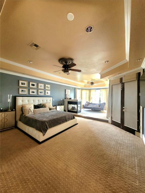 unfurnished bedroom featuring crown molding, a raised ceiling, and carpet floors