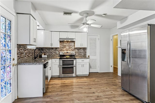 kitchen with white cabinets, dark stone counters, appliances with stainless steel finishes, under cabinet range hood, and a sink