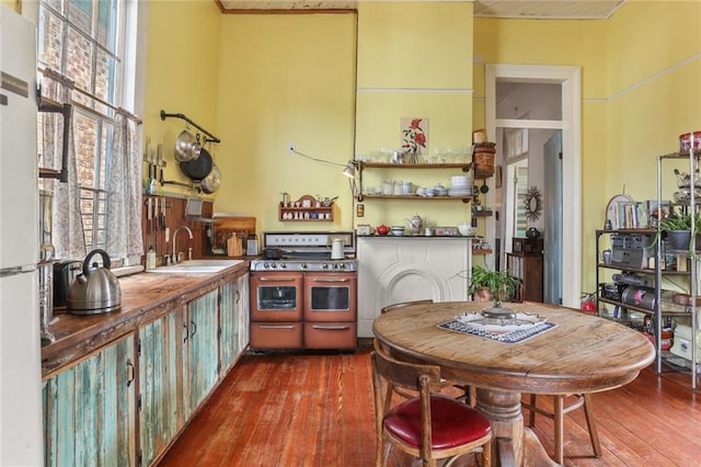 kitchen featuring stove, sink, white fridge, and dark hardwood / wood-style flooring