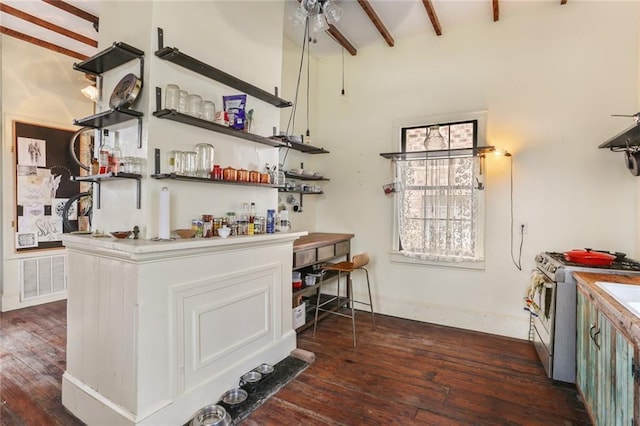 bar featuring ceiling fan, dark hardwood / wood-style floors, stainless steel gas range, and beam ceiling