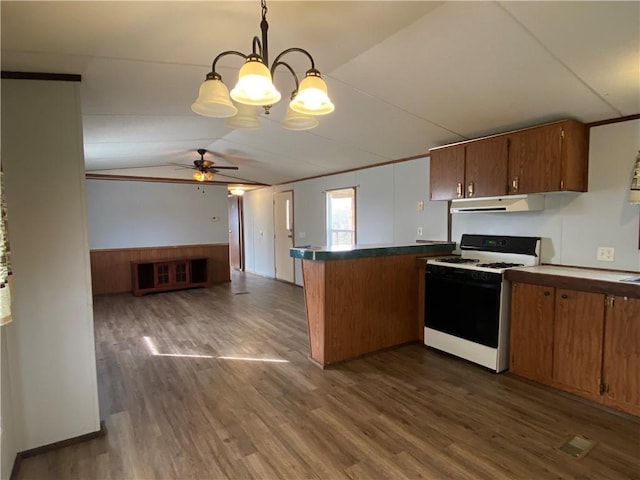 68443 S River Rd, Kentwood, LA 70444 - kitchen with lofted ceiling, hanging light fixtures, dark hardwood / wood-style floors, range with gas stovetop, and kitchen peninsula