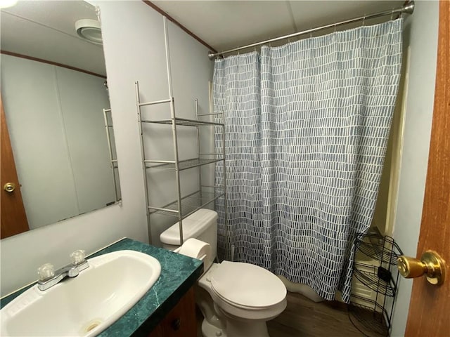68443 S River Rd, Kentwood, LA 70444 - bathroom featuring a shower with curtain, vanity, and toilet
