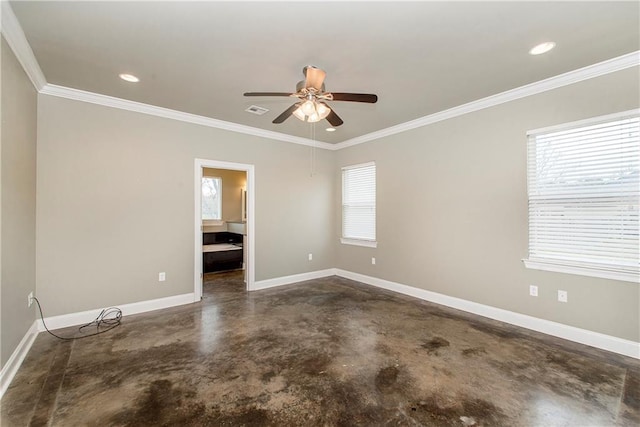 spare room featuring crown molding and ceiling fan