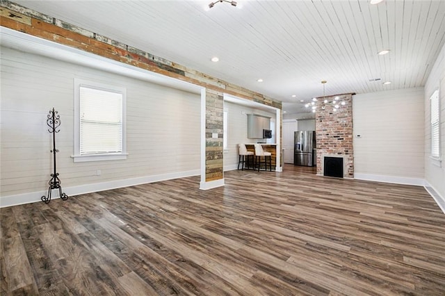 unfurnished living room with wood ceiling and dark hardwood / wood-style floors