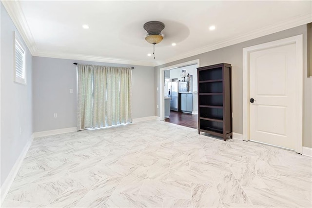 unfurnished bedroom with crown molding, ceiling fan, and stainless steel refrigerator with ice dispenser