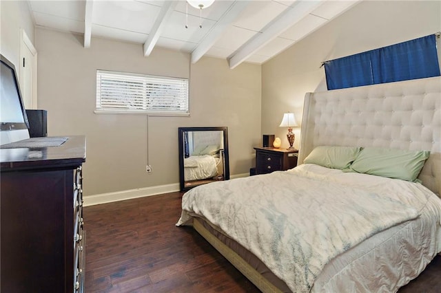 bedroom featuring vaulted ceiling with beams and dark hardwood / wood-style floors