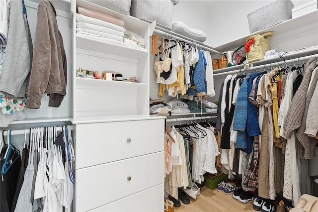 walk in closet with hardwood / wood-style floors