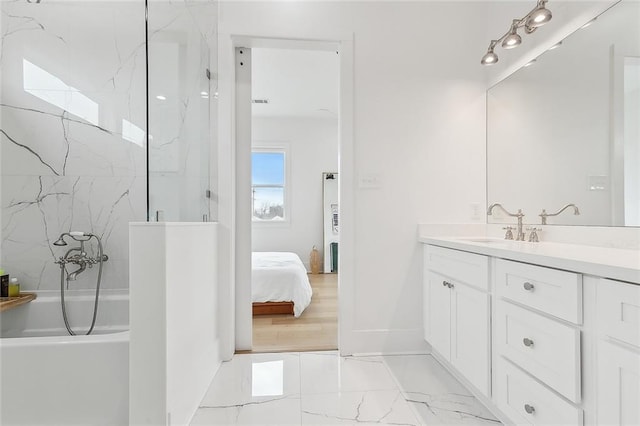 bathroom with vanity and plus walk in shower