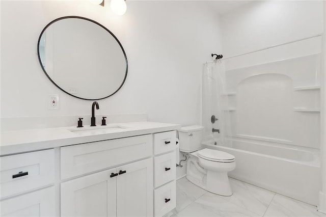 full bathroom with shower / bath combo, vanity, and toilet