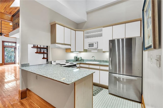 kitchen with white cabinetry, sink, white appliances, and kitchen peninsula