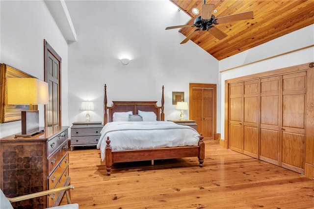 bedroom featuring ceiling fan, wooden ceiling, high vaulted ceiling, and light hardwood / wood-style flooring