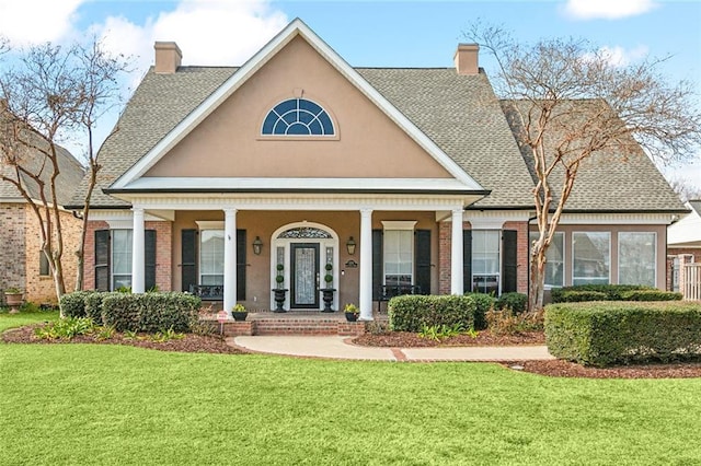 view of front of property with a front yard and covered porch