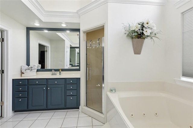 bathroom featuring plus walk in shower, ornamental molding, vanity, and tile patterned floors