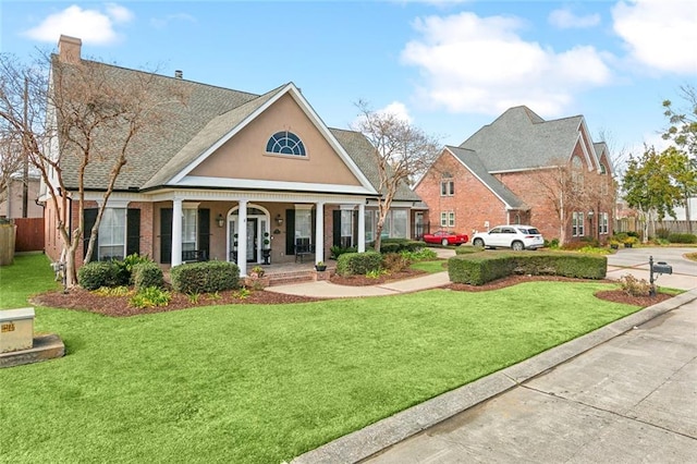 view of front of home with covered porch and a front lawn