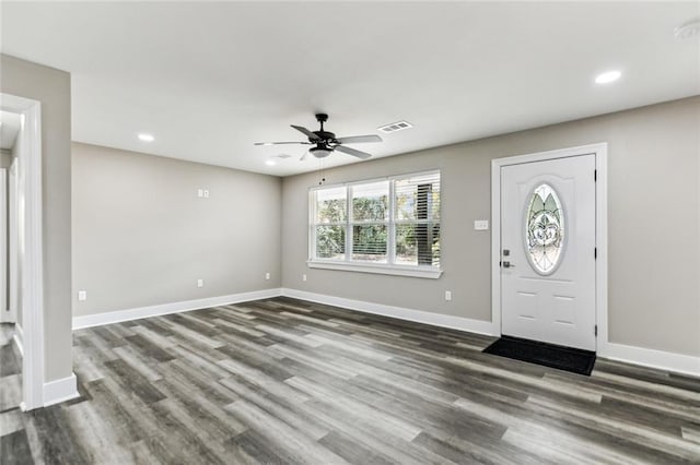 entrance foyer featuring dark hardwood / wood-style floors and ceiling fan