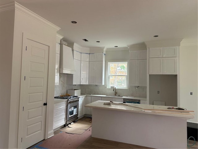 kitchen with high end range, custom exhaust hood, a center island, and white cabinets