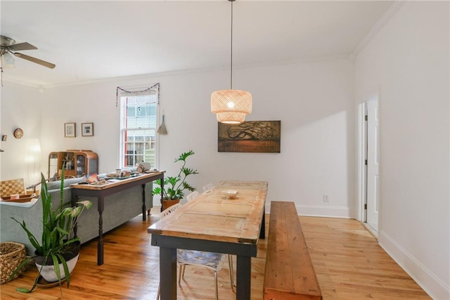 dining space featuring ceiling fan, ornamental molding, and hardwood / wood-style floors