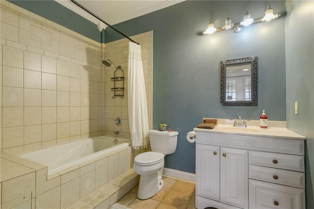 full bathroom with shower / bathtub combination with curtain, crown molding, vanity, tile patterned floors, and toilet