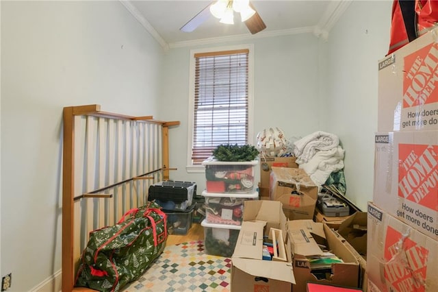 storage area featuring ceiling fan