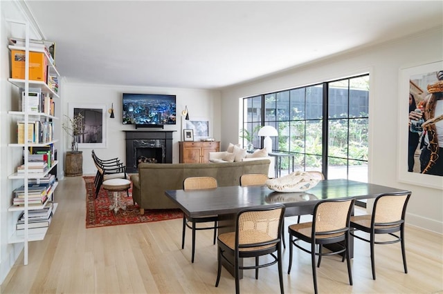 dining space featuring light hardwood / wood-style flooring and a premium fireplace