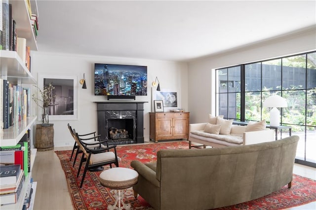 living room with ornamental molding, hardwood / wood-style floors, and a fireplace