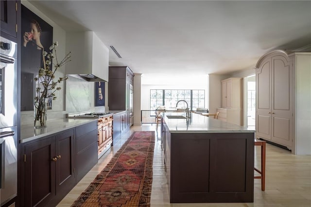 kitchen featuring sink, dark brown cabinets, light hardwood / wood-style floors, and an island with sink