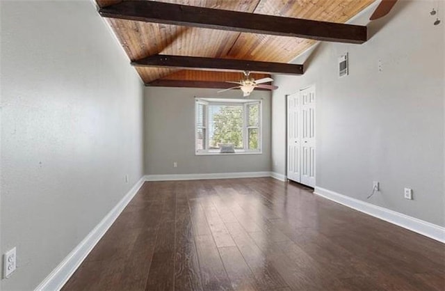 empty room featuring wood ceiling, ceiling fan, and vaulted ceiling with beams