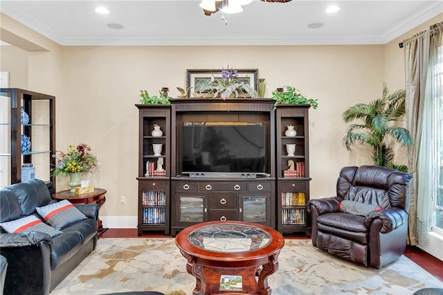 living room featuring crown molding and wood-type flooring