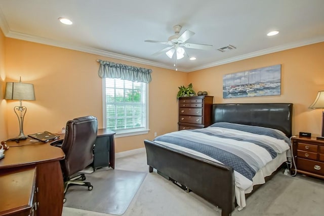 bedroom with crown molding, light colored carpet, and ceiling fan