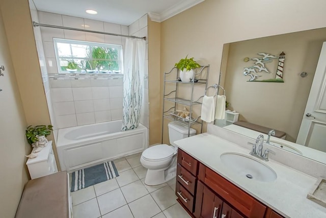 full bathroom featuring crown molding, tile patterned flooring, vanity, toilet, and shower / bath combo