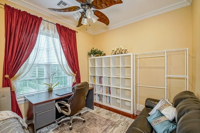 office area featuring wood-type flooring, ornamental molding, and ceiling fan